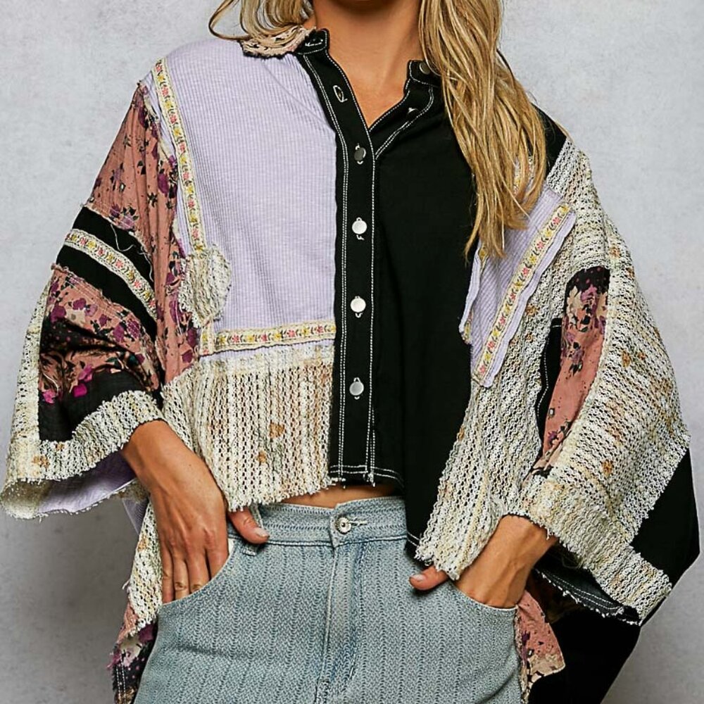 P45 POL Woven Crochet Contrast 3/4 Sleeve Button Down - OVERSIZED -PLUS WILL FIT